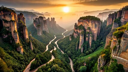 Poster - Serene Valley Sunset A Breathtaking Aerial View of Nature's Majesty