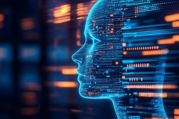 Fototapete - Dynamic profile view of a glowing digital human head made of bright data lines symbolizing AI technology : Generative AI