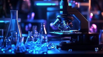 Fototapete - Microscope set against a backdrop of laboratory glassware and vibrant colors symbolizing scientific innovation : Generative AI