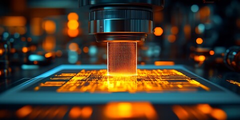 Aufkleber - Microscopic View of Tech Chip Being Studied Under High Power Microscope in Modern Lab : Generative AI