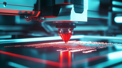 Leinwandbilder - High Precision Laser Cutting Technology Creating Intricate Patterns with Red Light on Dark Surface : Generative AI