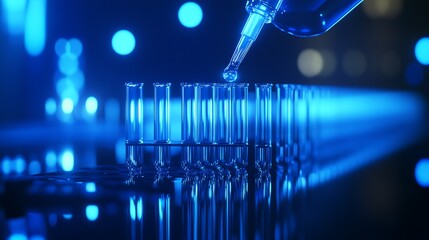 Fototapete - Close-up of pipette dropping liquid into test tubes against vibrant bokeh light background : Generative AI