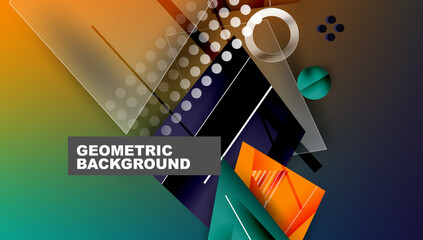 Aufkleber - Abstract geometric composition. Overlapping shapes create dynamic visual effect. Gradient colors blend smoothly, offering modern aesthetic. Design features circles, squares, triangles.