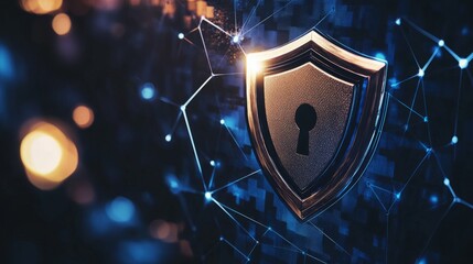Glowing geometric shapes in blue and silver tones symbolizing futuristic digital security and protection
