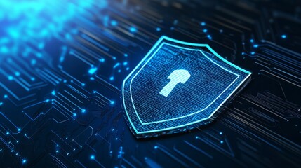 Glowing geometric shapes in blue and silver tones symbolizing futuristic digital security and protection
