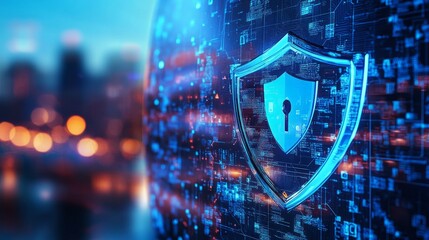 Glowing geometric shapes in blue and silver tones symbolizing futuristic digital security and protection
