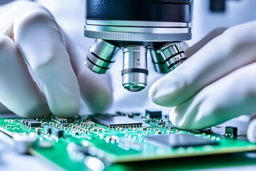 Poster - Detailed close up of a scientist examining a green printed circuit board with a microscope in a lab environment : Generative AI