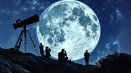 Wall Mural - A group of people are looking at a large moon through a telescope. The scene is set at night, with the moon shining brightly in the sky. The people are gathered around the telescope