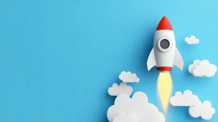 Wall Mural - A white rocket is flying through the sky with a blue background. The rocket is the main focus of the image, and it is soaring through the clouds
