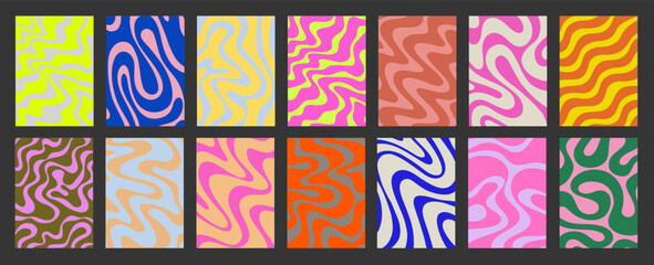 Fototapete - Abstract Geometric Posters Set. Cool Groovy Placards Vector Design. Y2k Trippy Wavy Textures Collection. Playful Funny Covers.