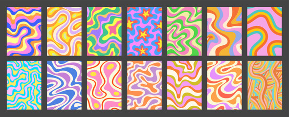 Leinwandbilder - Abstract Geometric Colorful Posters Set. Cool Groovy Placards Vector Design. Y2k Bright Trippy Wavy Textures Collection. Playful Funny Covers.