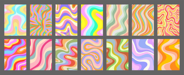 Leinwandbilder - Abstract Geometric Colorful Posters Set. Cool Groovy Placards Vector Design. Y2k Bright Trippy Wavy Textures Collection. Playful Funny Covers.