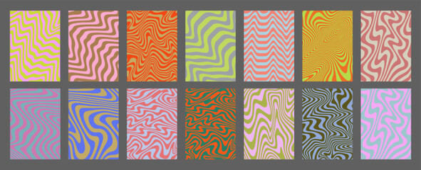 Aufkleber - Cool Acid Geometric Wavy Lines Texture Set. Trippy Y2k Psychedelic Stripes Vector Design. Optical Illusion Art Covers Collection.