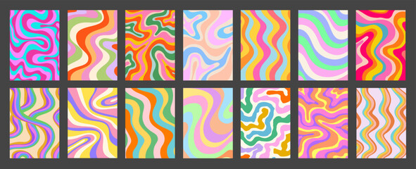 Aufkleber - Abstract Geometric Colorful Posters Set. Cool Groovy Placards Vector Design. Y2k Bright Trippy Wavy Textures Collection. Playful Funny Covers.