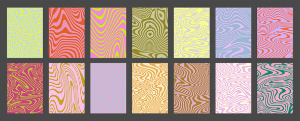 Aufkleber - Cool Acid Geometric Wavy Lines Texture Set. Trippy Y2k Psychedelic Stripes Vector Design. Optical Illusion Art Covers Collection.
