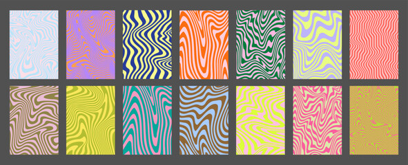 Aufkleber - Cool Acid Geometric Wavy Lines Texture Set. Trippy Y2k Psychedelic Stripes Vector Design. Optical Illusion Art Covers Collection.