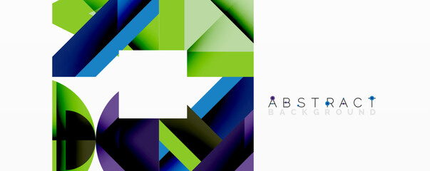 Poster - Geometric shapes create vibrant design. Blue, green, purple hues blend, forming dynamic composition. White space offers text placement opportunity. Modern aesthetic.