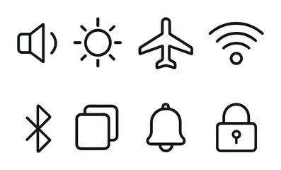 minimalist icon set: sound, sun, airplane, wifi, bluetooth, copy, bell, lock designs.
