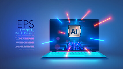 Leinwandbilder - AI chip of laptop. CPU or chip electronic of laptop on screen. AI Processor of notebook. Engineering, develop electronic AI chip. Computer hardware technology. Laptop with artificial intelligence chip