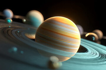 Wall Mural - striped planet with rings, rendered in vibrant orange, teal, and beige tones, showcasing cosmic beau