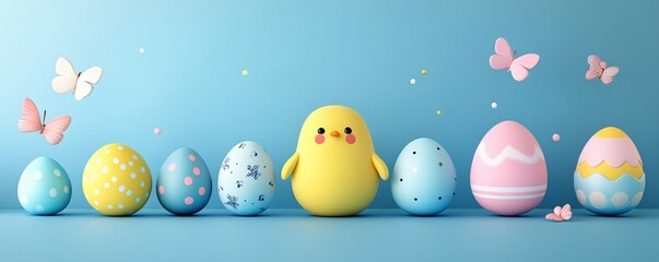 Wall Mural - cute chick and colorful easter eggs with butterflies flying on blue background
