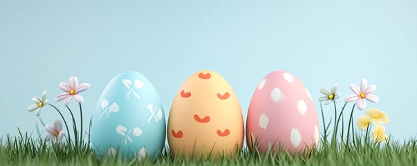 Wall Mural - colorful easter eggs hiding in green grass with spring flowers
