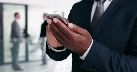 Leinwandbilder - Hands, phone and a business man closeup in the office for corporate communication or networking. Contact, mobile and a manager or professional executive reading a text message in the workplace