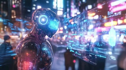 Leinwandbilder - A humanoid robot engages with dynamic digital displays, showcasing advancements in technology.