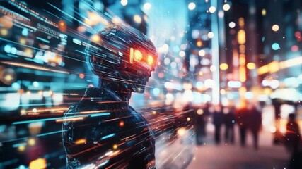 Aufkleber - A humanoid robot is positioned in a dynamic training environment, surrounded by a bustling corporate cityscape. Lights reflect off its structure as it participates in advanced development activities.