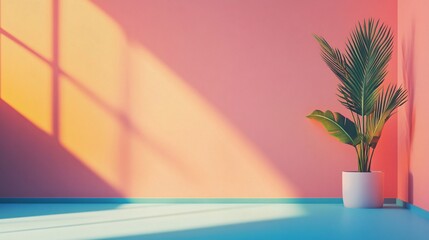 Poster - Sunlight illuminating empty room with potted plant casting shadows on pink wall and blue floor