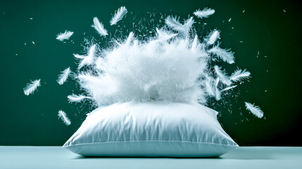 Wall Mural - Pillow bursting with feathers over green background