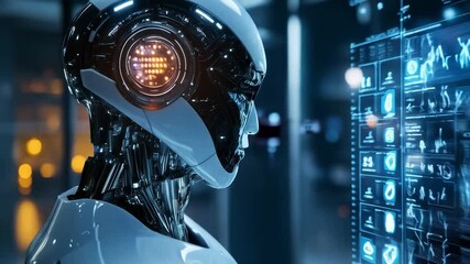 Aufkleber - A humanoid robot analyzes data on interactive digital displays in a high-tech training facility.