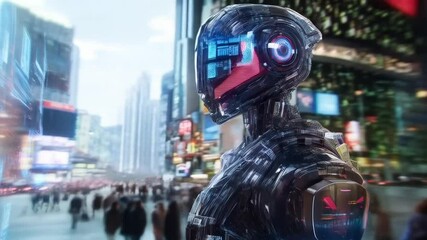 Leinwandbilder - A humanoid robot stands in a bustling urban setting filled with digital displays and crowds.