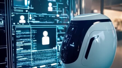 Aufkleber - A humanoid robot is actively involved in a training session, surrounded by digital data displays. This futuristic corporate environment showcases advanced technology and development practices.