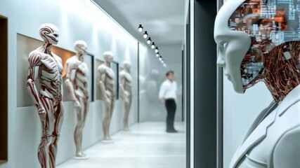 Leinwandbilder - In a modern corporate training facility, a humanoid robot stands prominently. The background shows other robotic figures, highlighting the focus on science and technology development in a 4k setting.