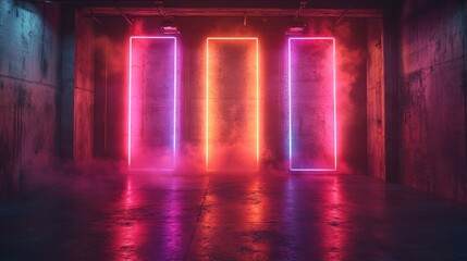 Aufkleber - a 3d rendering of a futuristic neon lit club stage in a dark grungy garage with concrete walls and a misty laser filled atmosphere,photo stock