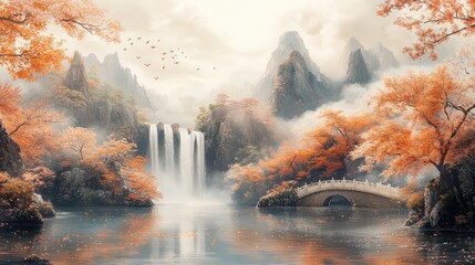 Poster - a chinese landscape featuring golden trees blue waterfalls white rocks a bridge cherry blossoms and golden birds,stock photo