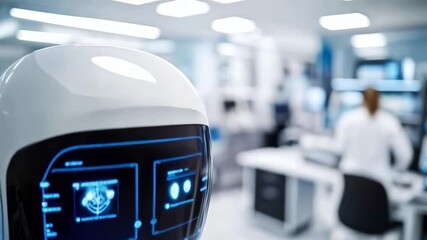 Aufkleber - A humanoid robot is showcased in a corporate training environment, featuring advanced technology and glowing interface. Scientists and engineers focus on its development and programming tasks behind.