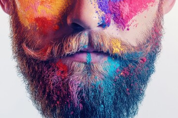 Poster - Colorful beard art with splashes of paint creating an artistic vibe on a models face in a bright and creative backdrop