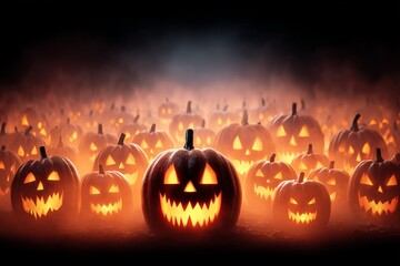 spooky pumpkin patch glowing under moonlight creates eerie atmosphere for halloween celebration