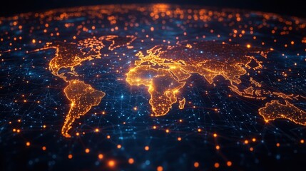 Poster - a digital map of the world with glowing lines connecting various points representing global connectivity,stock photo