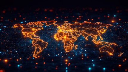 Wall Mural - a digital map of the world with glowing lines connecting various points representing global connecti