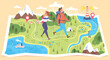 © ssstocker - Hikers route. Couple hikers walk on map, hike expedition mountain trail road guide explore nature landscape travel journey trekking trip tourist path, classy vector illustration