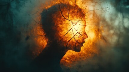 Poster - a human silhouette with a fractured glass effect symbolizing the mindrs struggle with schizophrenia with copy space soft moody lighting,stock photo
