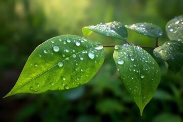 Wall Mural - Close-up of dew-covered green leaf