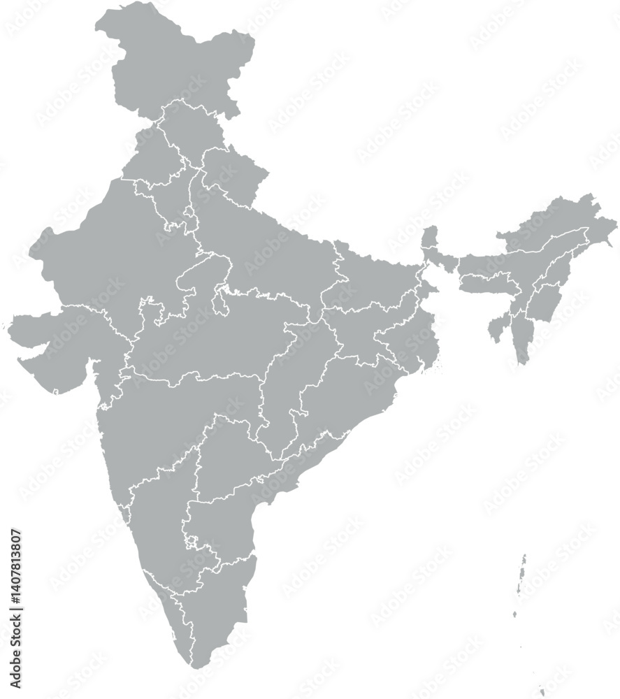 Vector map of India in gray with white borders of states and union ...