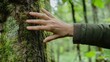 © Professional Agency - Woman gently touching a mossy tree trunk in a lush forest