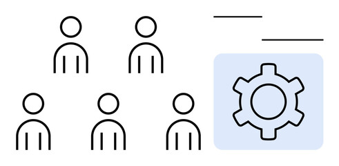 Minimalist design of five people icons and a gear symbol to represent collaboration, teamwork, workflow, and automation. Ideal for business, communication, teamwork, management, technology
