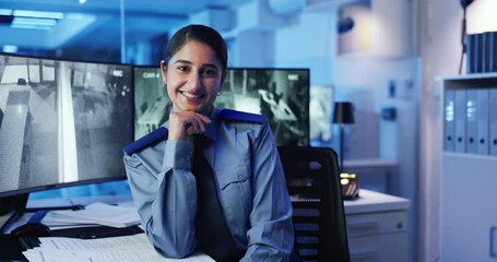 Poster - Face, security guard or woman with cctv screen in night or late shift for safety or video surveillance. Camera footage, monitor and confident person with technology in control room for protection