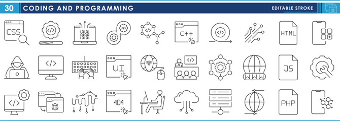 A set of line icons related to Coding and Programming. Code, program, language, development, hacker, cloud, connection, and so on. Vector editable stroke.